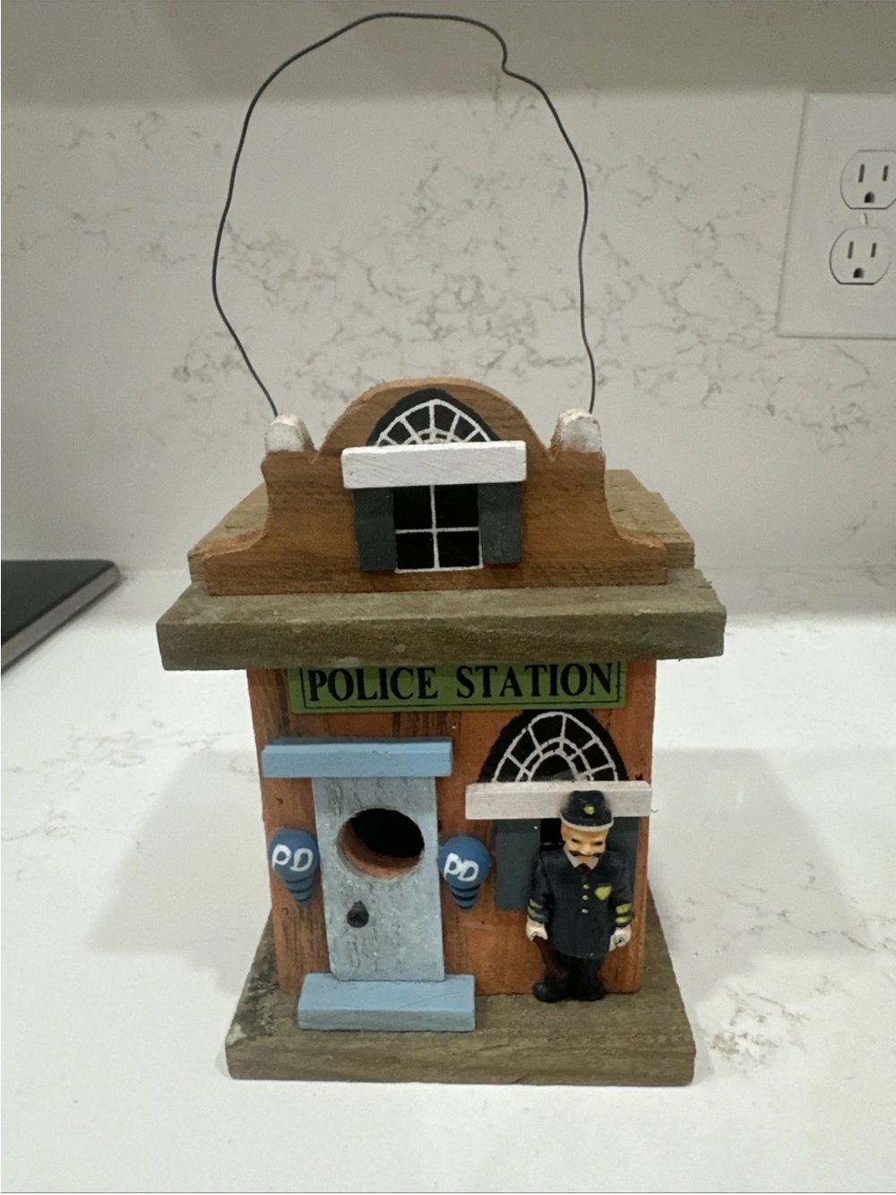 Wooden Police Station Hanging Birdhouse - Blue & Brown